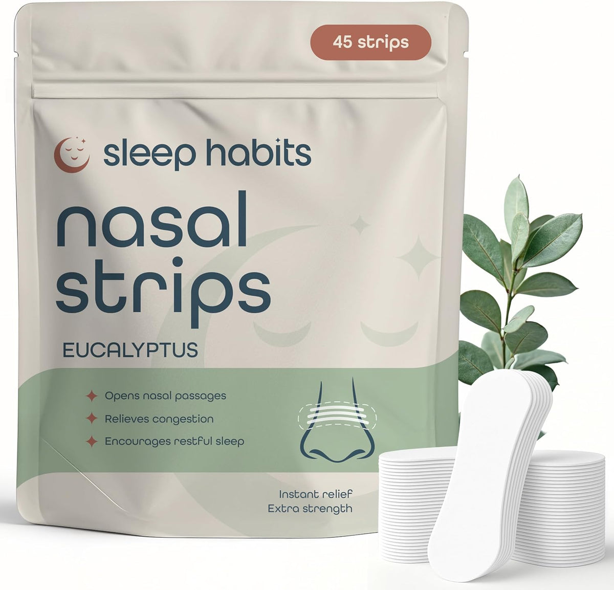 SleepHabits Breathing Strips 45 count front view showing eucalyptus packaging.
