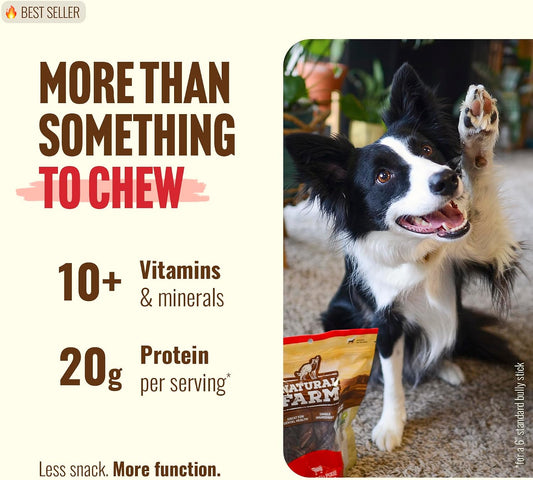 Natural Farm 6 Inch thin pizzle beef treats laid out to show size and texture comparison.