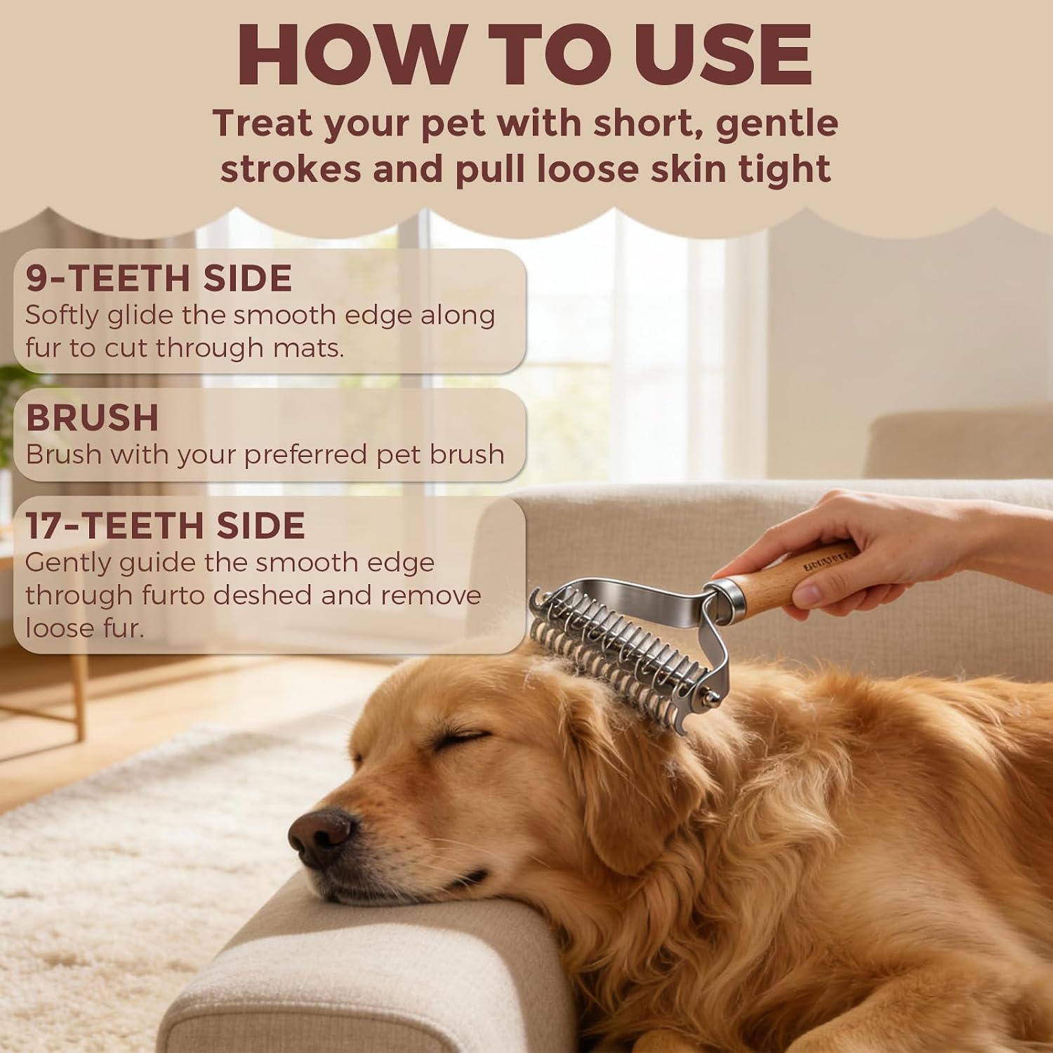 Ergonomic wooden handle of Pawsholic pet grooming rake