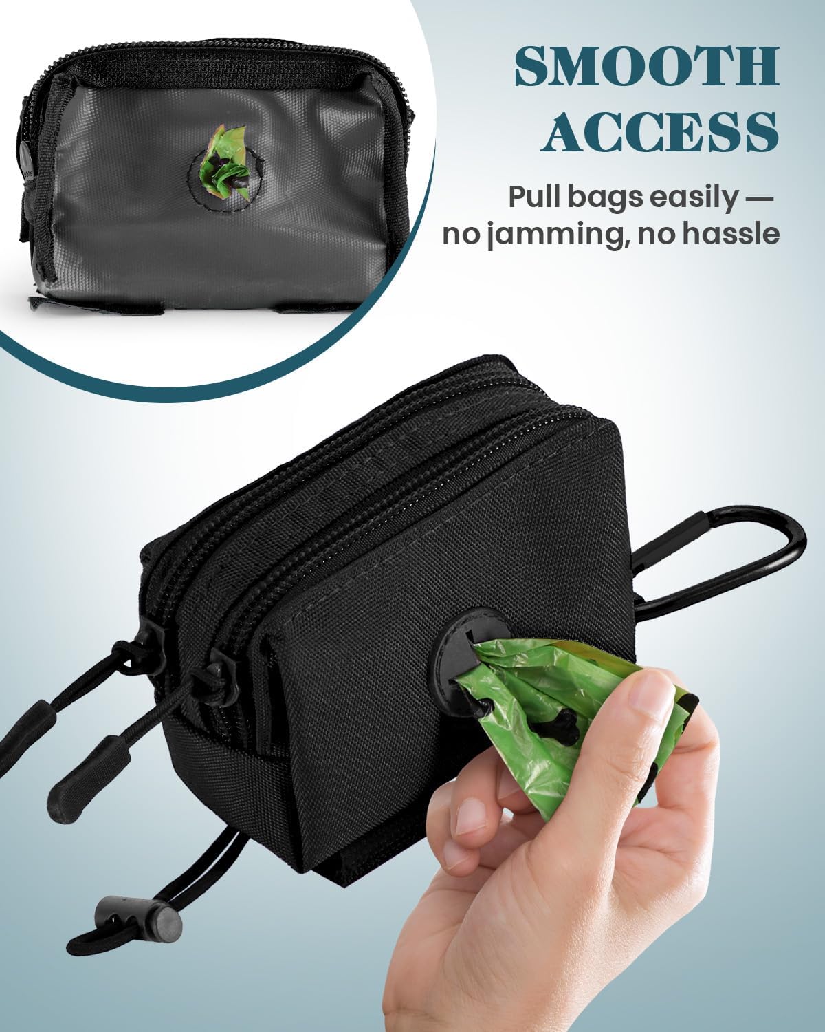 PawistaPal pet waste pouch showing smooth bag extraction from the rubber grommet