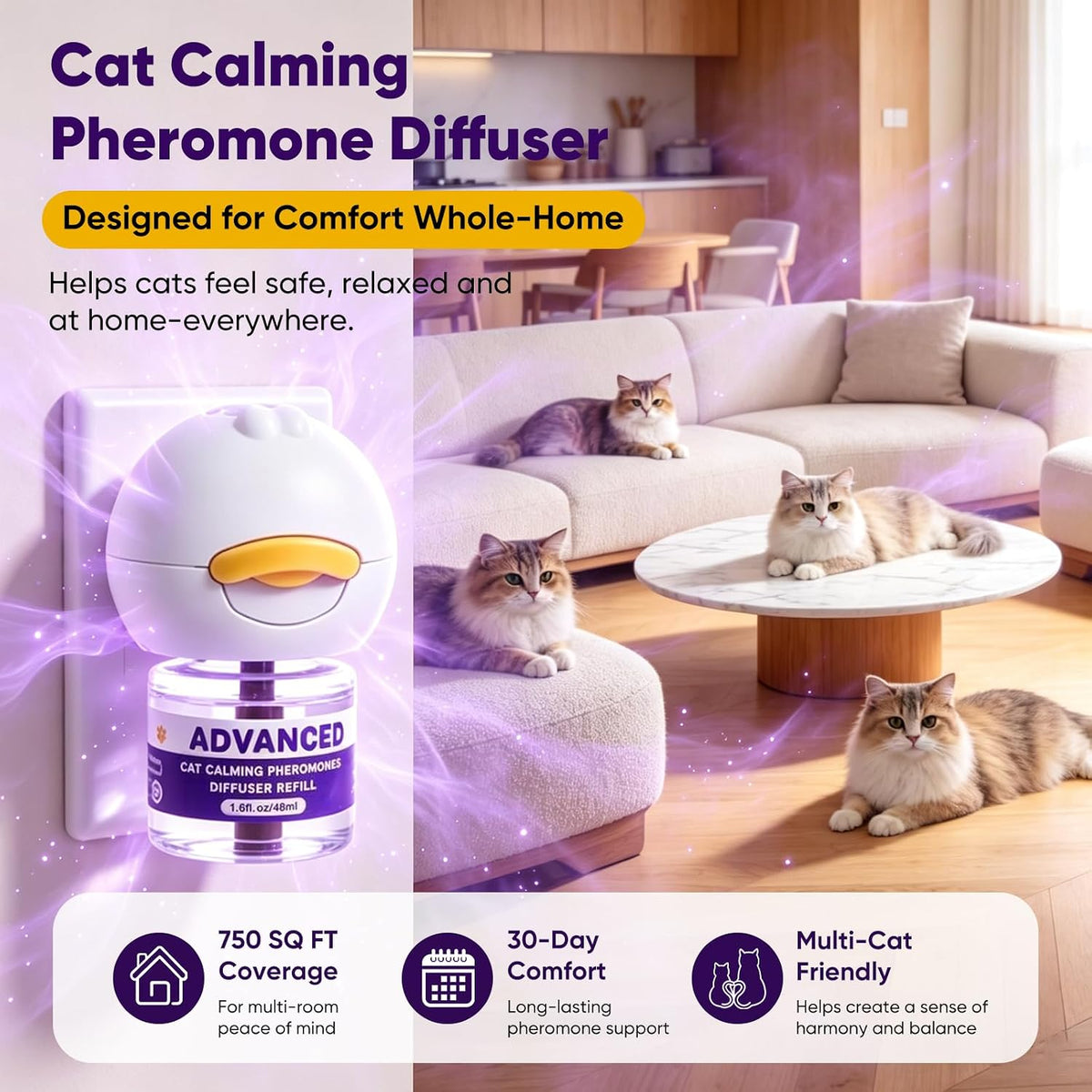 Cat Calming Diffuser with Advanced Pheromone Technology, 120 Days Plug in Diffuser for Multi Cat Home, Reduce Stress, Urine Spraying, Scratching, Hiding, Support Calm Behavior, 2 Diffusers, 4 Refills - Image 4