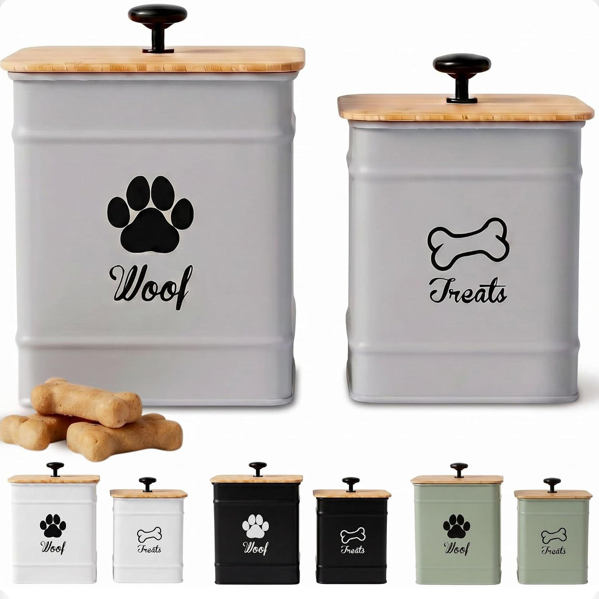 Dog Treat Container Airtight Set of 2 - 8x6 & 7x5 inch Iron Dog Treat Jars for Kitchen Counter with Airtight Bamboo Lids - 20 Cup Capacity Pet Treat Container Set - Doggie Cookie Jar - Treats Canister - Image 11