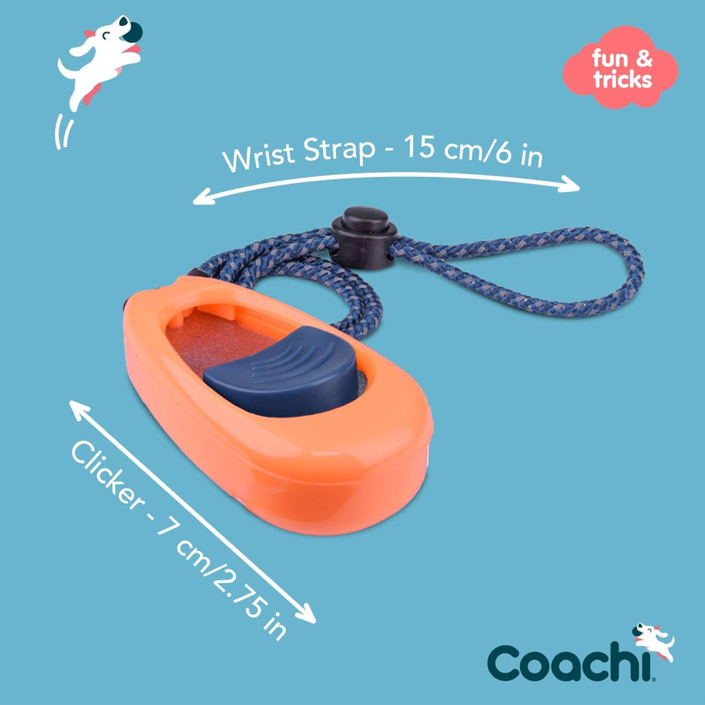 Coachi Multi-Clicker puppy clicker with its adjustable and reflective wrist strap extended