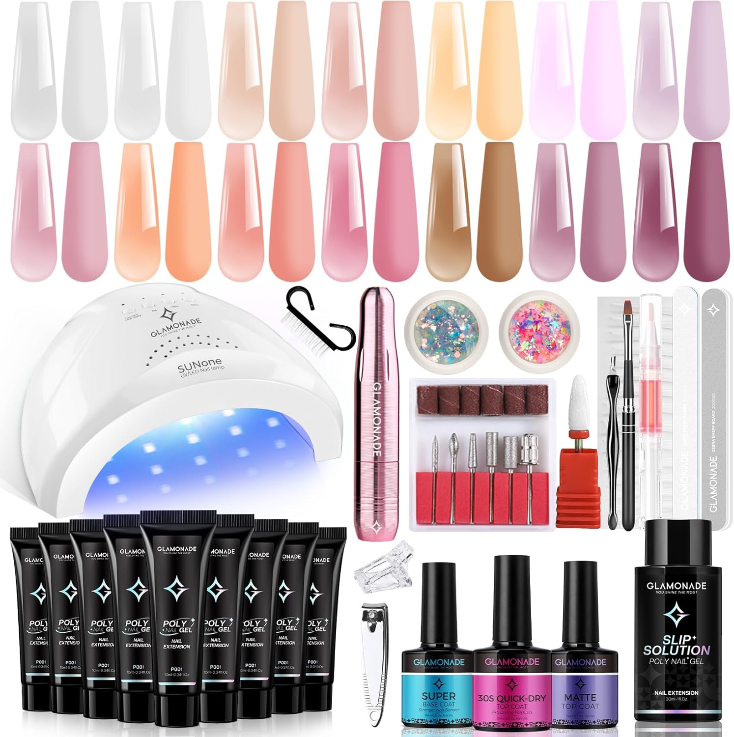 Glamonade poly gel nail starter kit with 14 colors and electric drill