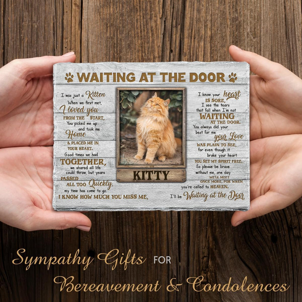 Kilyhome personalized cat headstone displayed inside a beautifully arranged home memorial altar setup