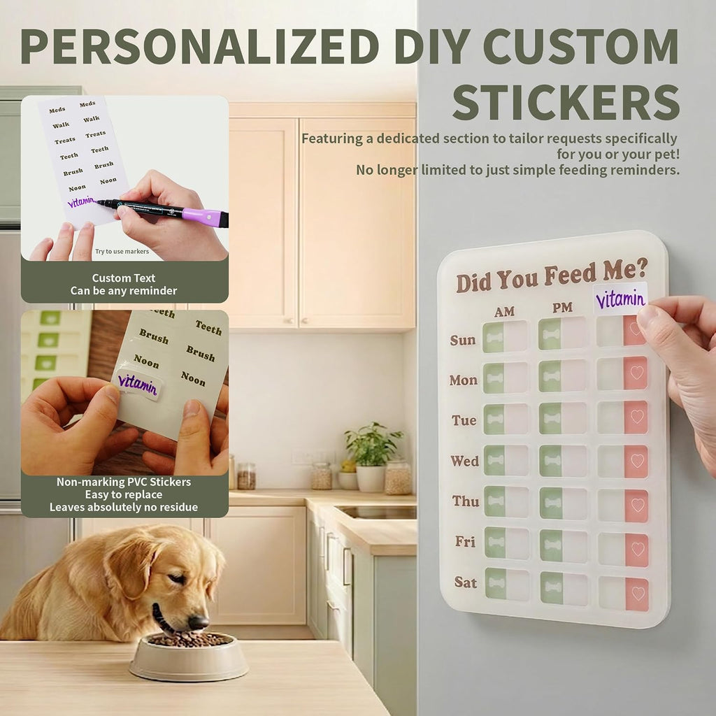 Gaiaflux Dog Fed Sign tracker mounted firmly on a stainless steel kitchen refrigerator door.
