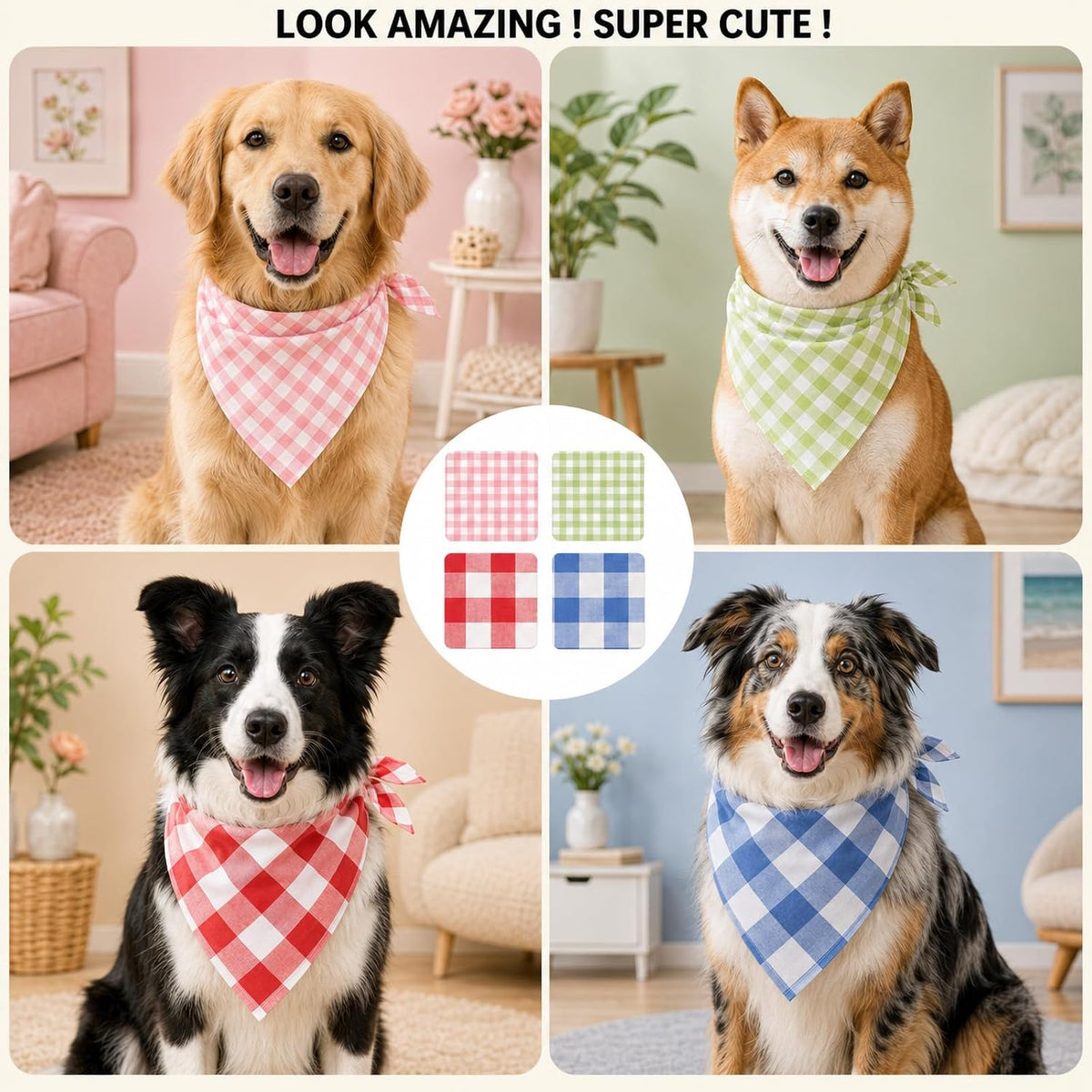 Lifestyle shot of dog wearing Genyzlux plaid accessory