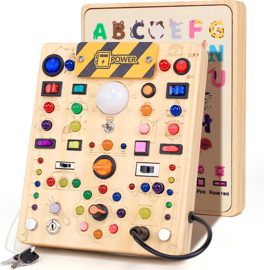 iHarPro Montessori Busy Board front view showing 19 colorful LED light switches and wooden buttons for toddler sensory development.