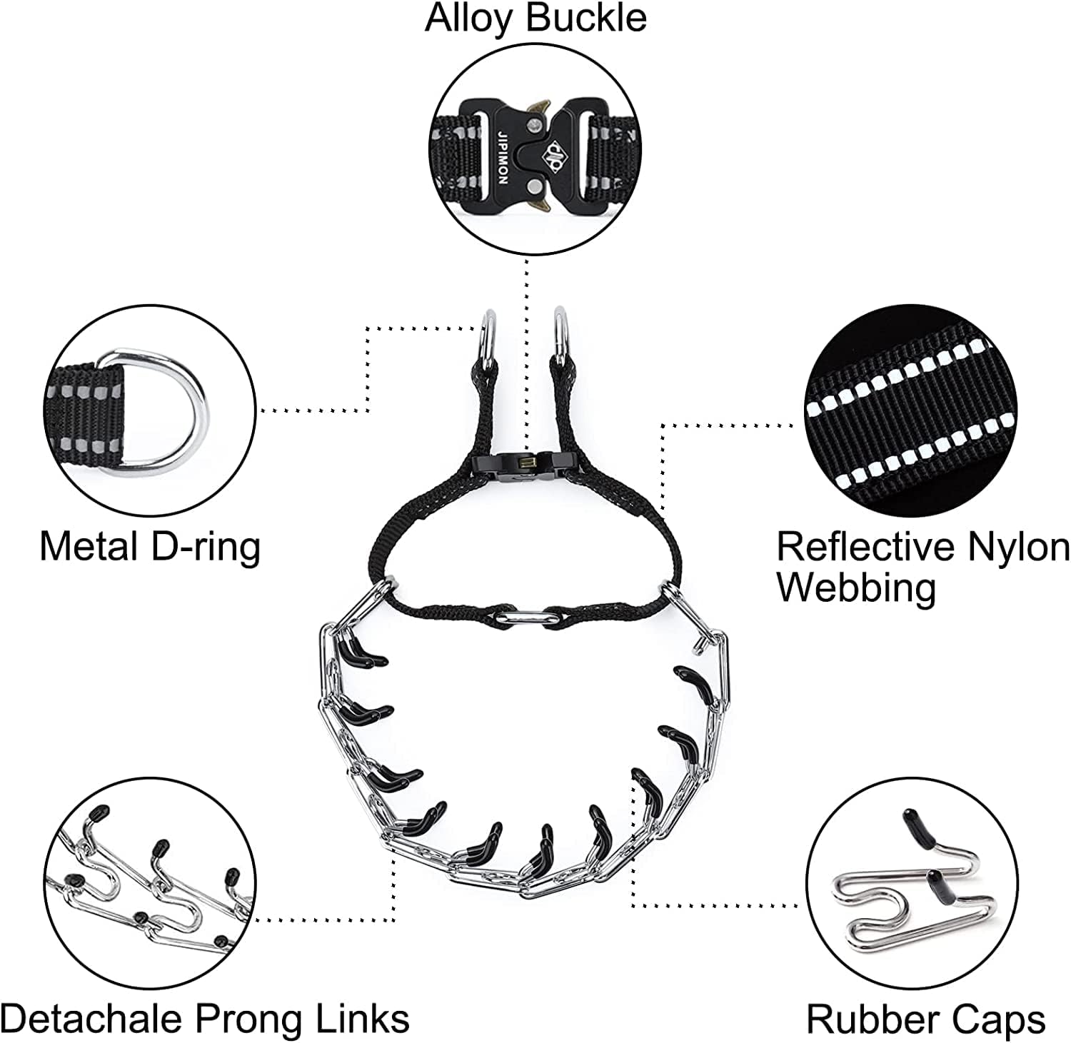 Jipimon adjustable training collar showing the high density nylon strap with reflective webbing.