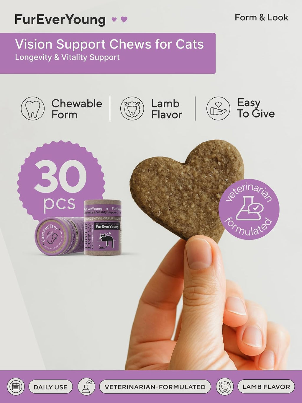CareFurEver aging cat health treats showing the heart-shaped soft chew format for easy feeding.