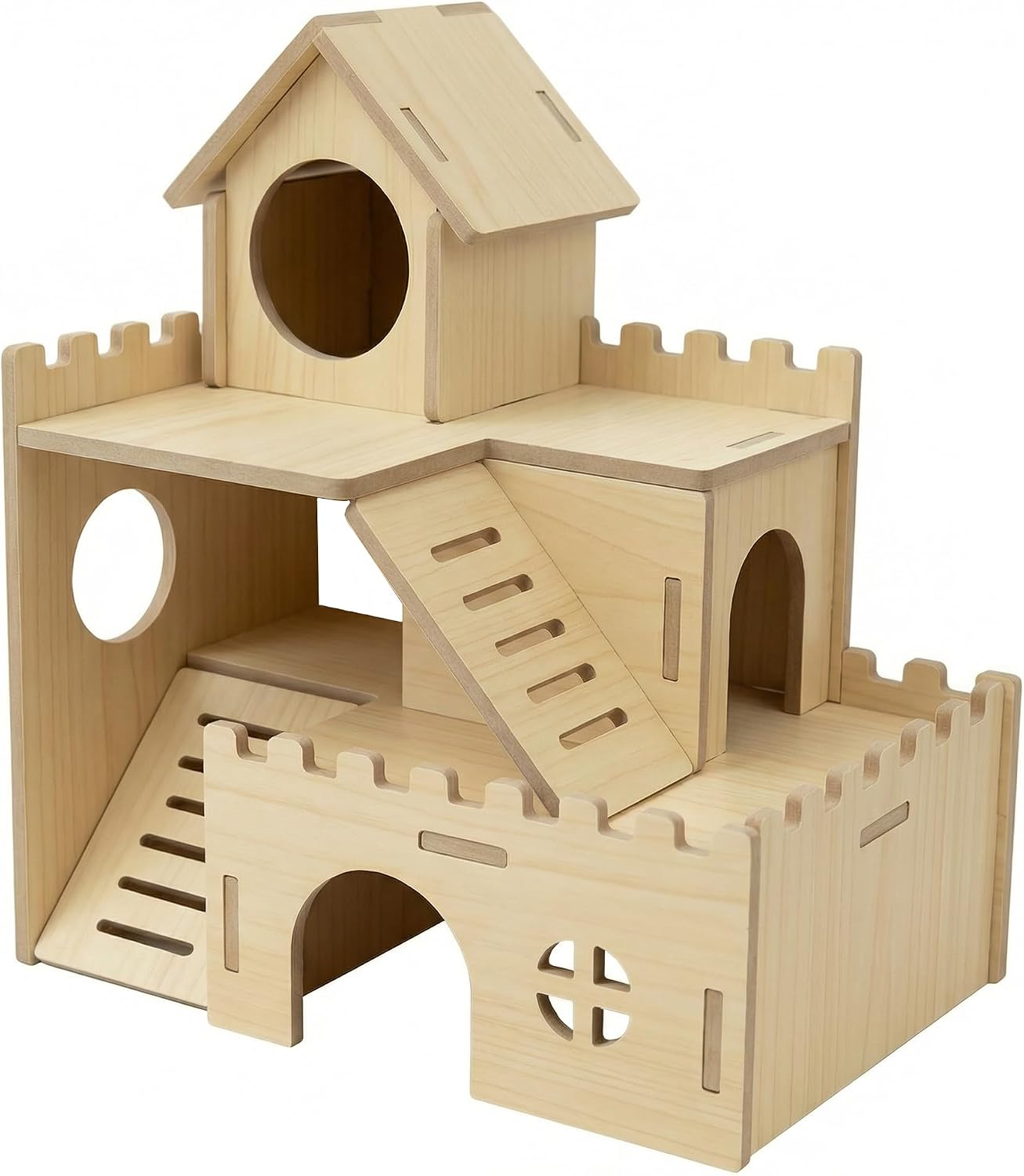 3-Tier Wooden Hamster Hideout, Syrian Hamster House with Ramps & Entrances, for Dwarf Hamsters, Gerbils (Not for Guinea Pigs) - Image 1