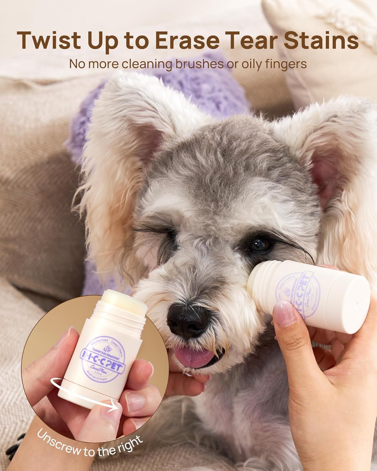 Close up of the mess free twist stick applicator for pets.