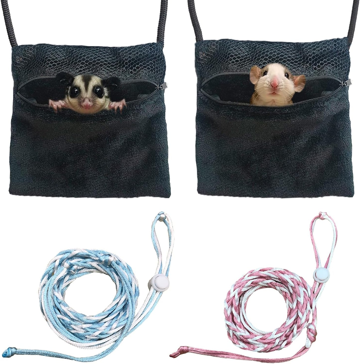 2 Pics Sugar Glider Pouch and 2 Pics Hamster Leash Small Animal Carry Pouch with Adjustable - Cozy & Portable Habitat for Small Pets (Hamsters, Rat, Marmosets, Squirrels) - Image 1