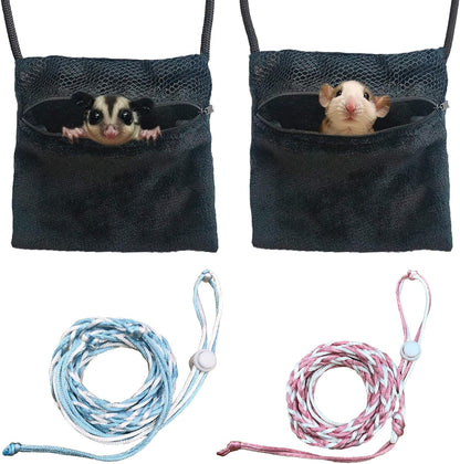 2 Pics Sugar Glider Pouch and 2 Pics Hamster Leash Small Animal Carry Pouch with Adjustable - Cozy & Portable Habitat for Small Pets (Hamsters, Rat, Marmosets, Squirrels) - Image 1
