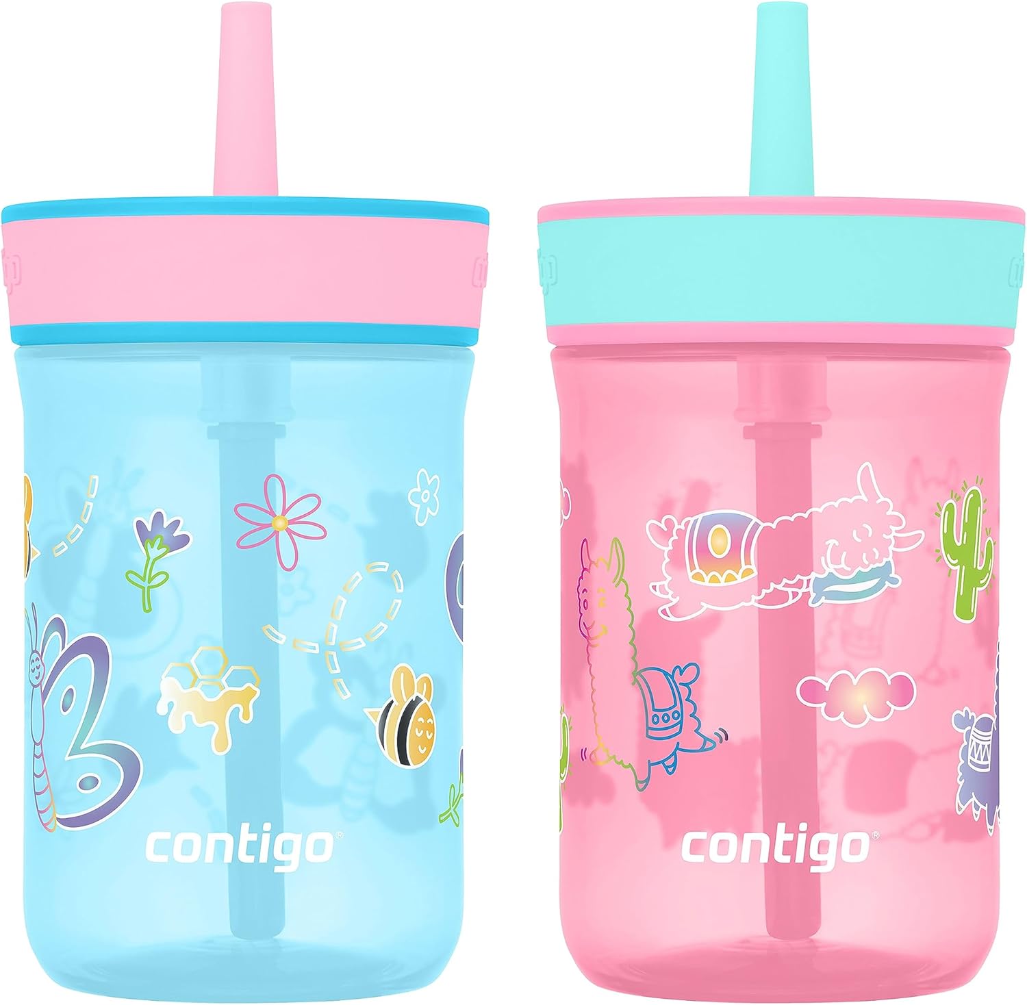 Contigo Leighton Kids Water Bottle 2-pack front view showing blue raspberry and azalea designs
