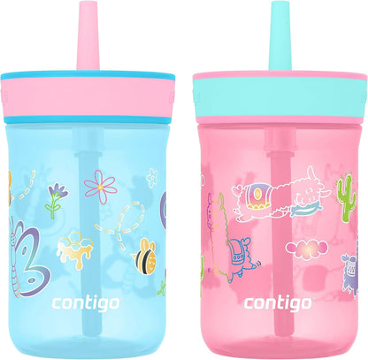 Contigo Leighton Kids Water Bottle 2-pack front view showing blue raspberry and azalea designs