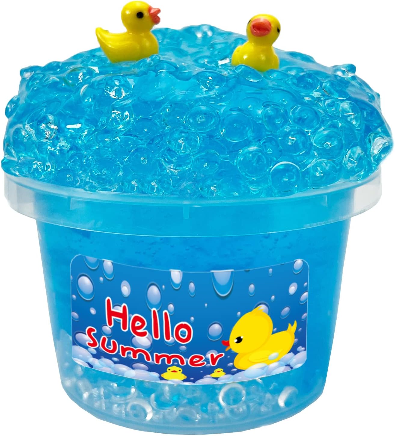 QOFRJTU Charming Blue Crunchy Fishbowl Bead Slime jar front view with duck charms