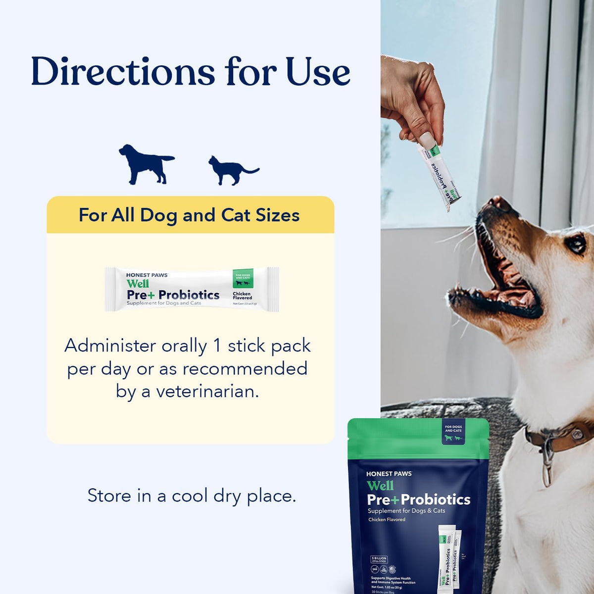 Honest Paws digestive support powder being sprinkled on dog food.