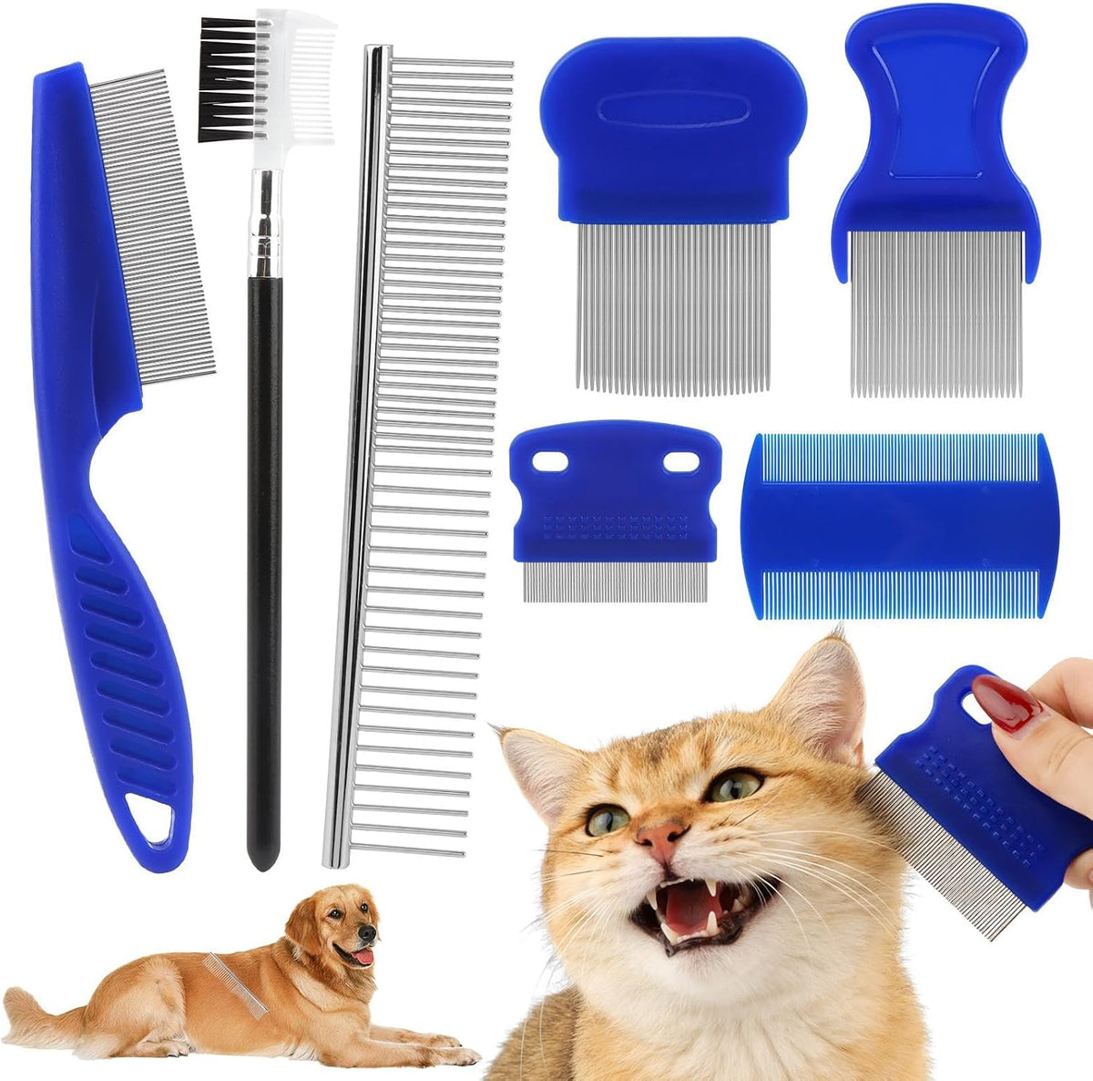 XKQTRMVA 7-piece pet flea comb grooming kit front view for professional dog and cat care.