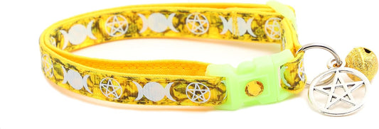 Close up view of pentacle occult charm on Pugs to Persians cat collar