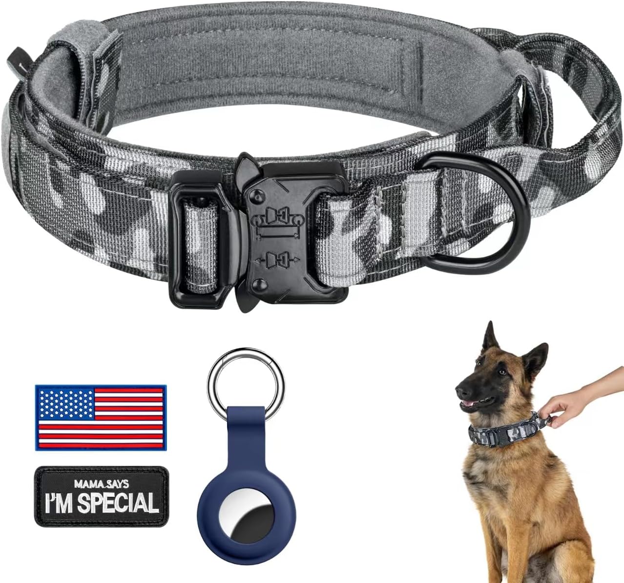 DAGANXI Tactical Dog Collar, Adjustable Military Training Nylon Dog Collar with Control Handle and Heavy Metal Buckle for Medium and Large Dogs, with Patches and Airtags Case (L, Black) - Image 9