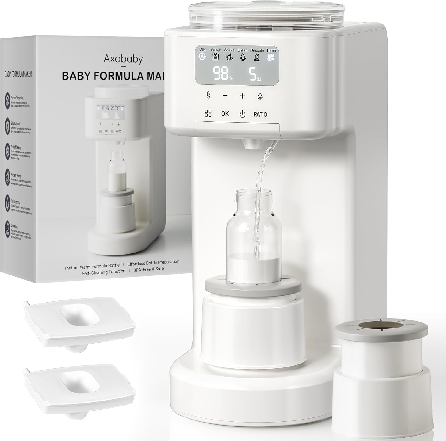 Axababy Advanced Baby Formula Maker in white front view on a kitchen counter.