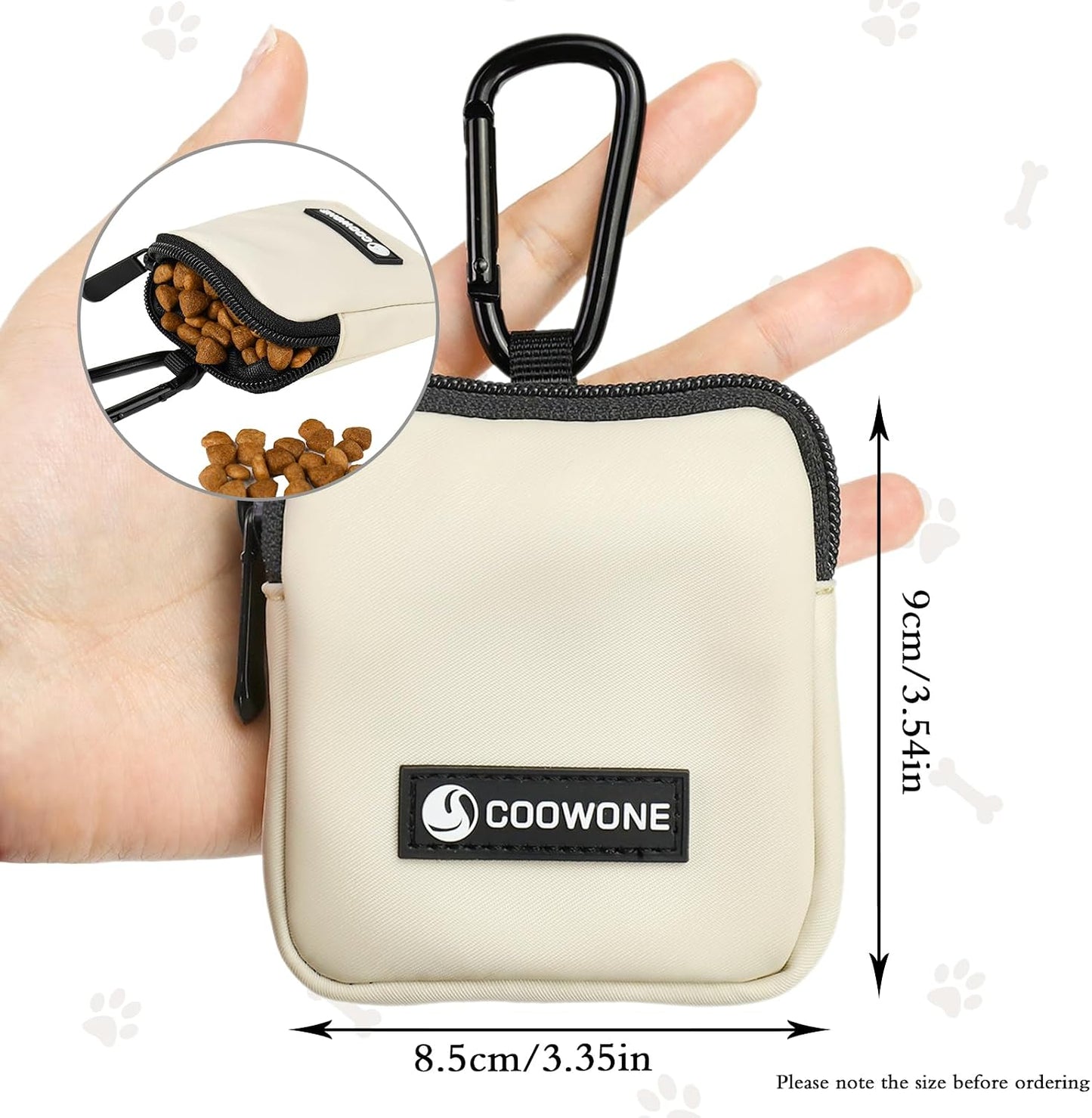 Coowone hands free pet reward bag attached securely to a human belt loop for outdoor walks.