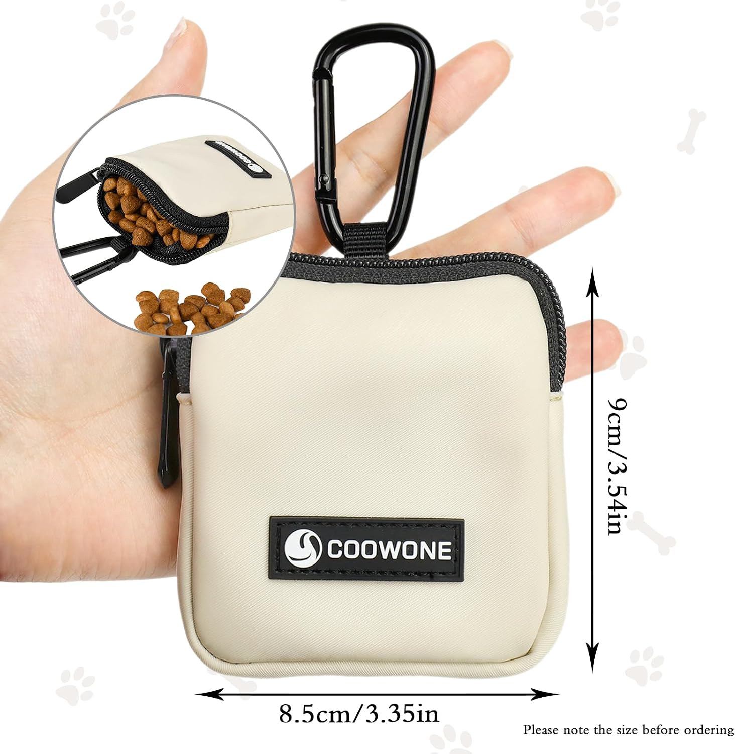 Coowone hands free pet reward bag attached securely to a human belt loop for outdoor walks.