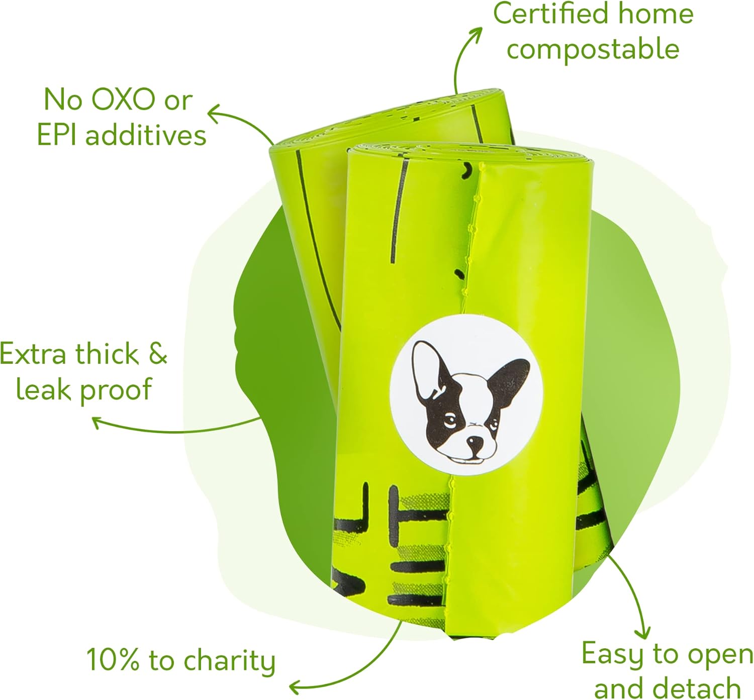 Eco friendly plant based dog waste bags with handles displayed open.