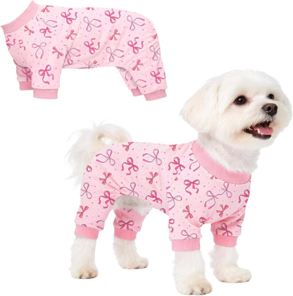 SkyHomtion dog pajamas front view of pink bows recovery suit for small dogs.