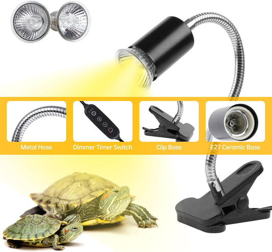 Close up view of the black rotatable reptile heat lamp with its flexible gooseneck bent at an angle.