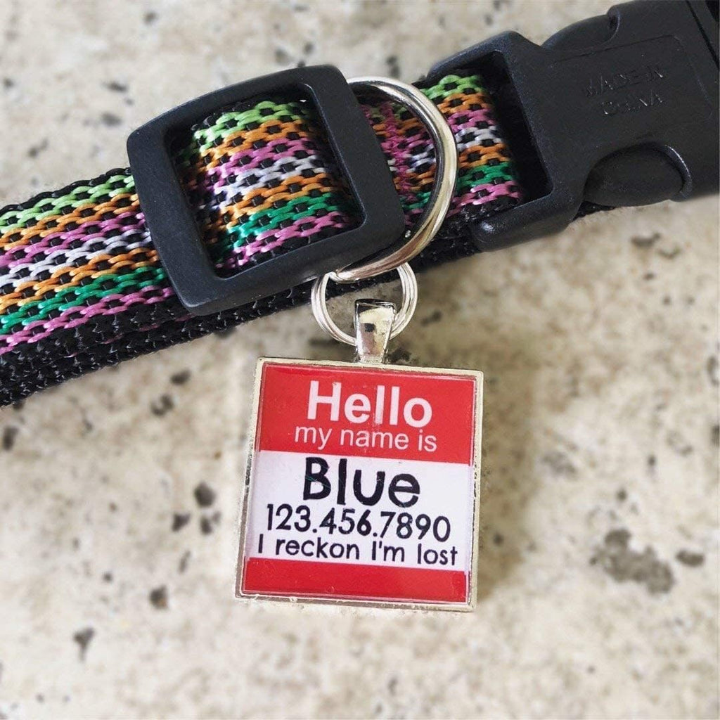 Personalized multi color resin sealed pet tag close up