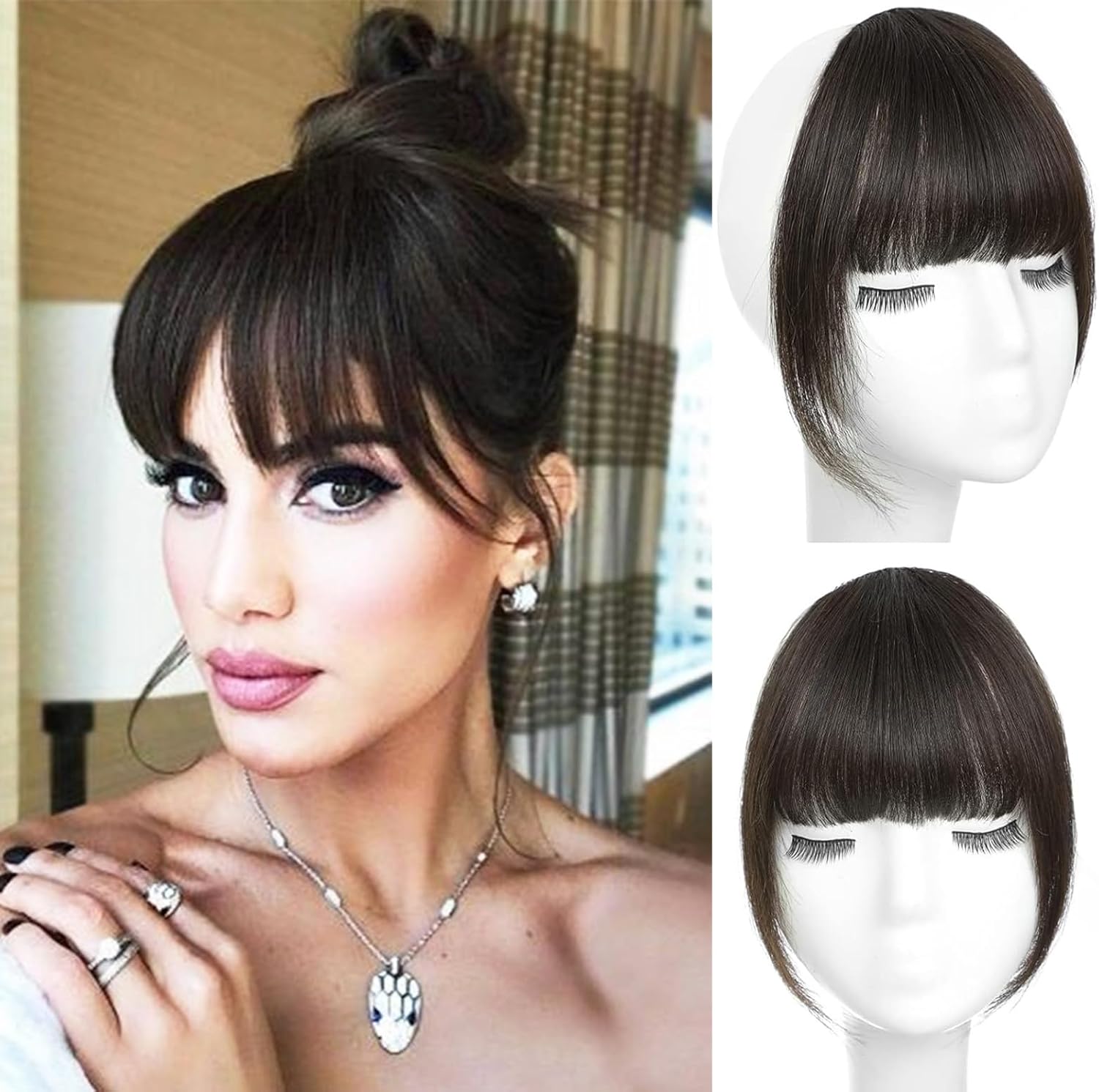 Prime ORIGEN clip in human hair bangs extensions front view on model showcasing natural black wispy fringe.