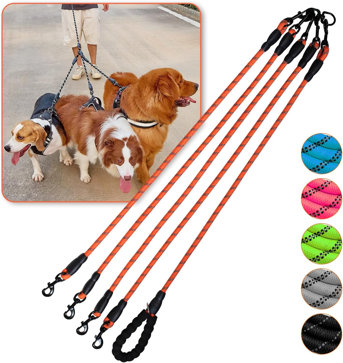 Dog Double Leashes,Comfortable Dog Leash with Reflective,No Tangle Triple Leash for Dogs (Orange Five Leashes) - Image 10