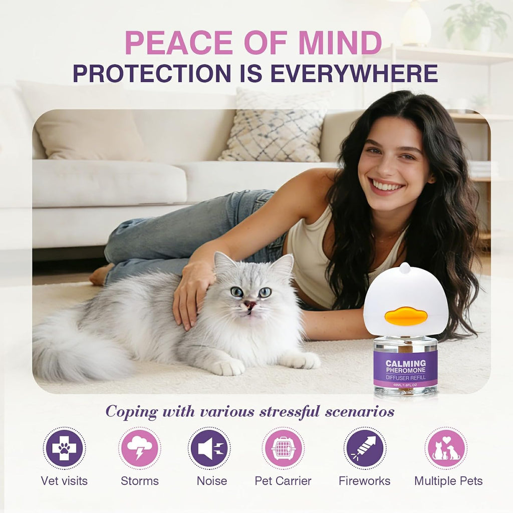 Calm cat resting peacefully near a plugged-in Tcllka pheromone diffuser.