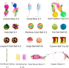 Assorted interactive pet accessories including feather teaser wands and plush mice