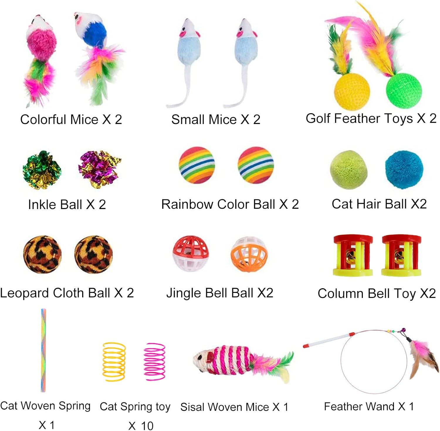 Assorted interactive pet accessories including feather teaser wands and plush mice