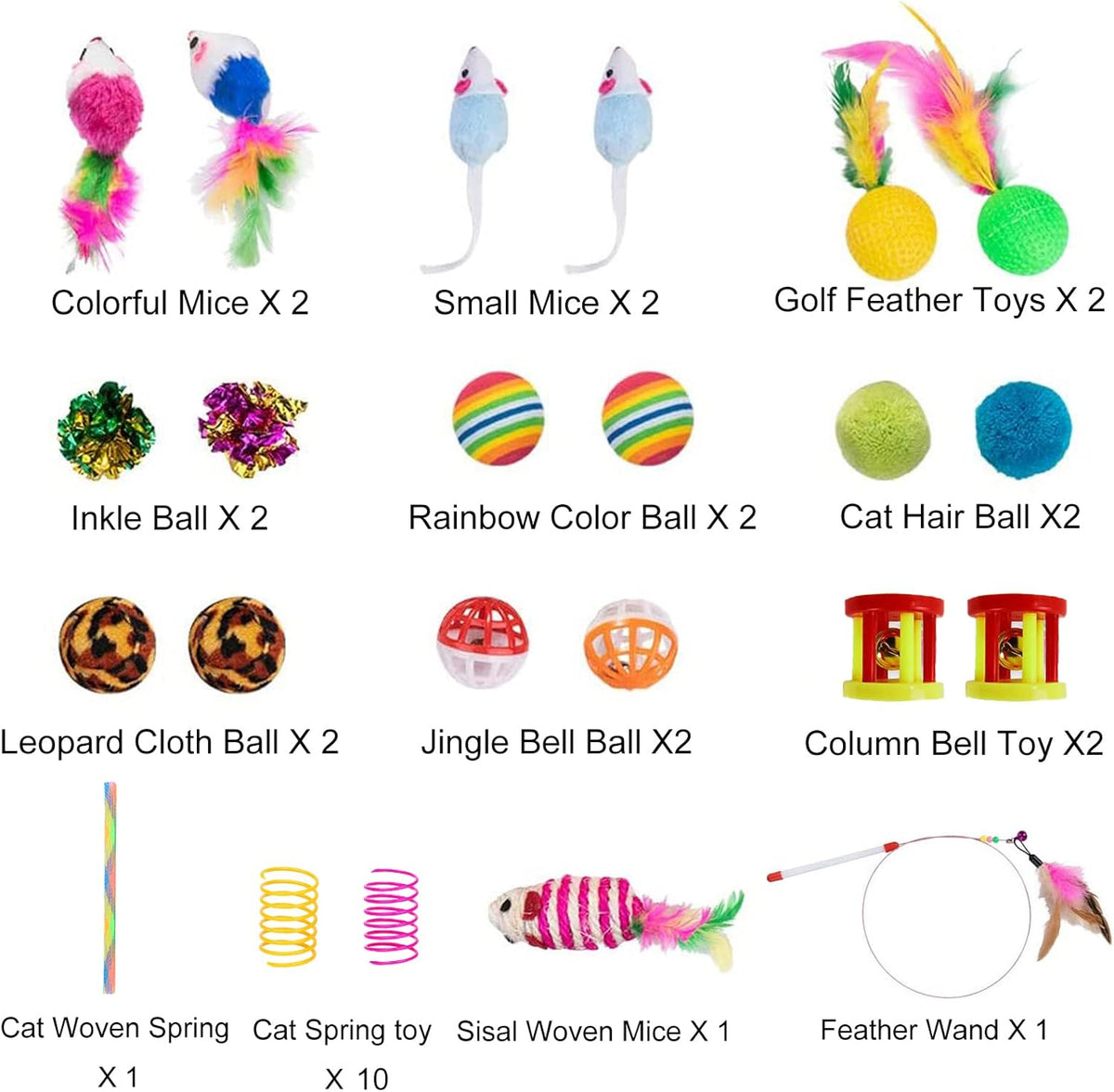 Assorted interactive pet accessories including feather teaser wands and plush mice