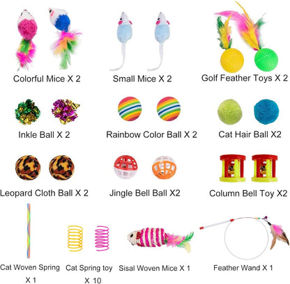 Assorted interactive pet accessories including feather teaser wands and plush mice