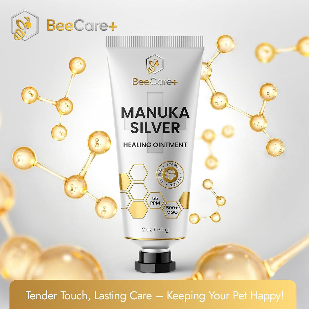 Imported M Manuka Vet honey and silver pet ointment box packaging overview