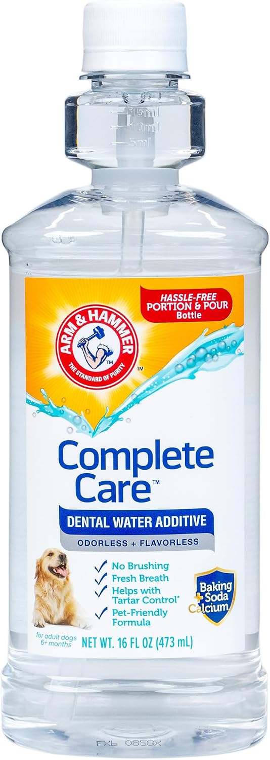 Dog dental rinse fluid bottle demonstrating convenient portion control pour system