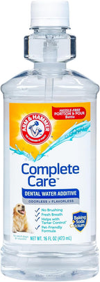 Dog dental rinse fluid bottle demonstrating convenient portion control pour system