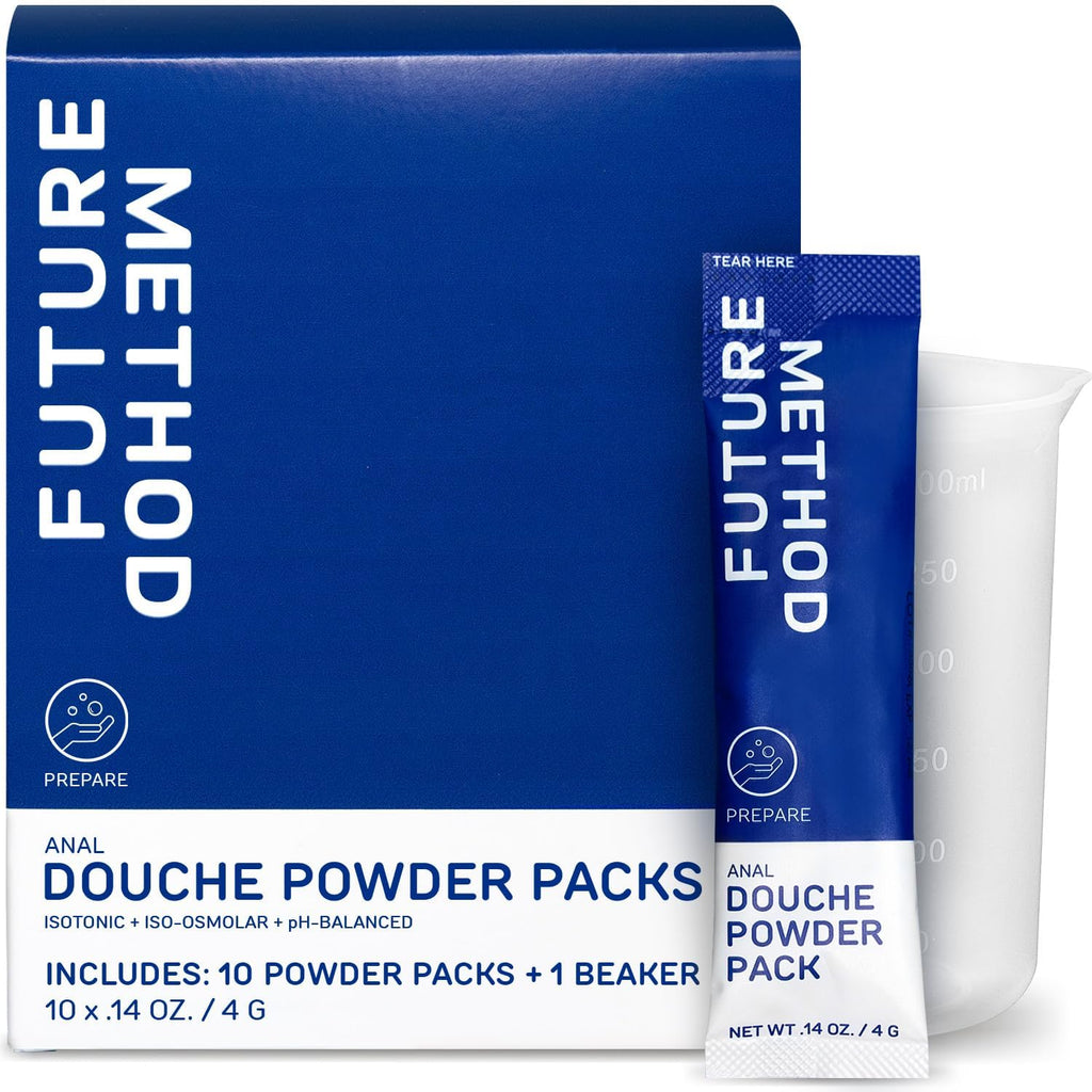 Future Method Anal Douche Powder Kit front view featuring 10 individual packets and mixing beaker.