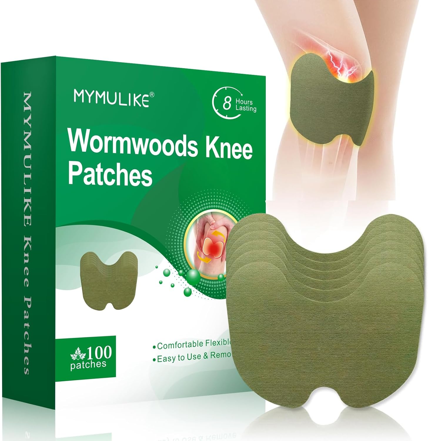 Vowel's Enterprise Mymulike wormwood herbal knee patches front packaging view showcasing the one hundred count box.