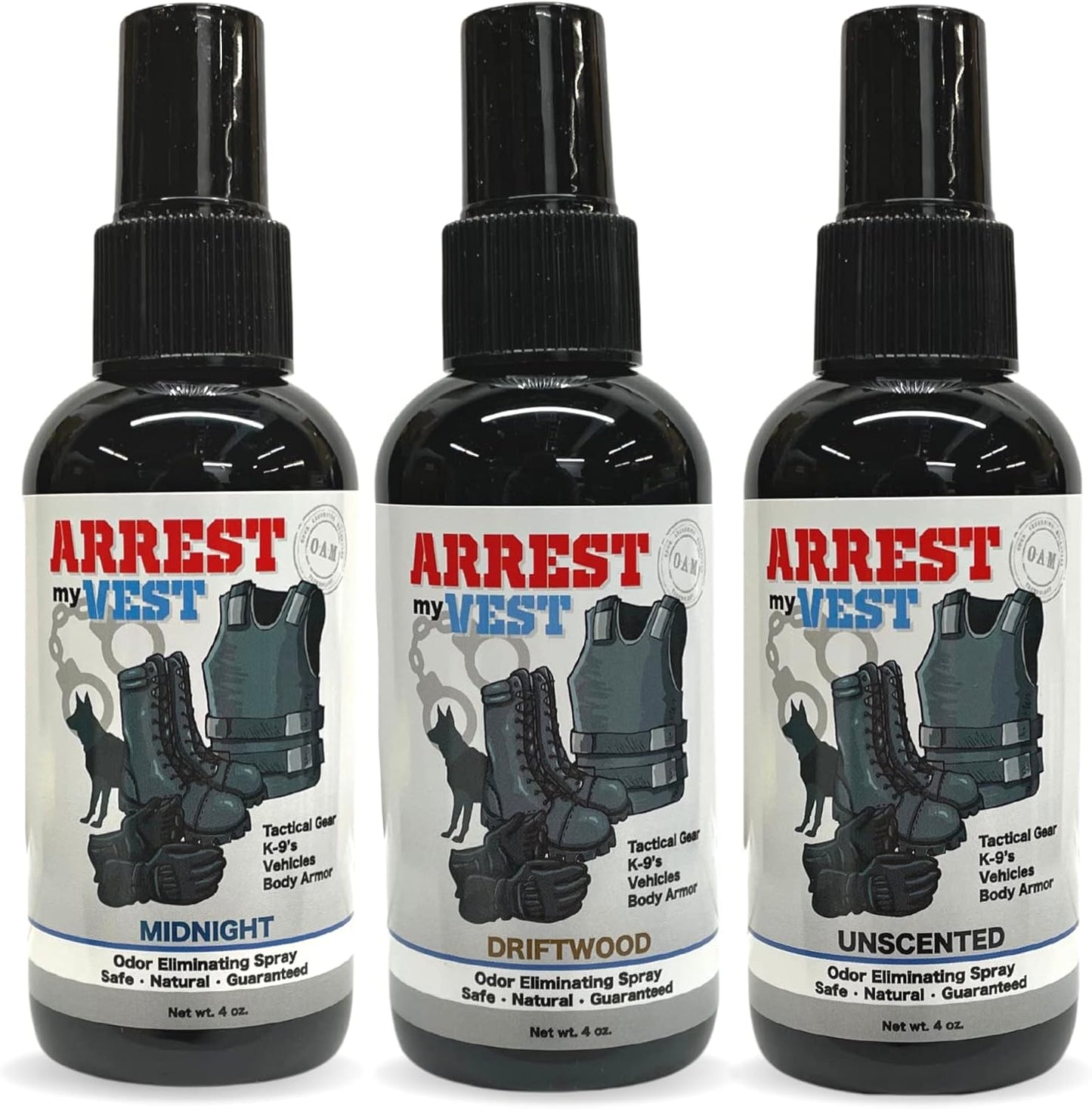 Arrest My Vest Military Grade Odor Eliminating Spray Triple Pack front view.