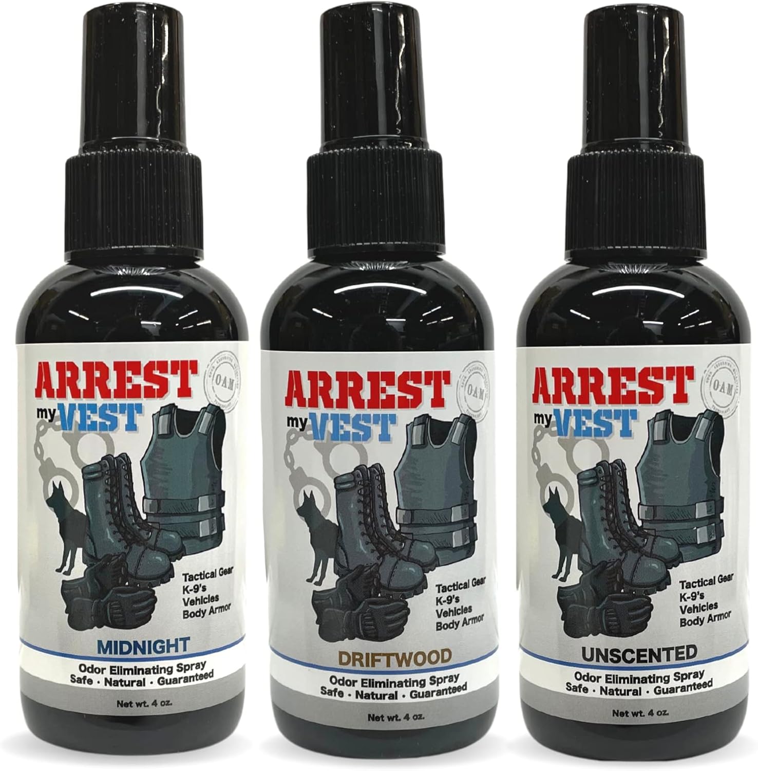 Arrest My Vest Military Grade Odor Eliminating Spray Triple Pack front view.