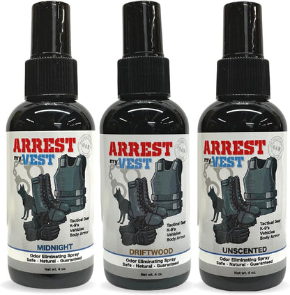Arrest My Vest Military Grade Odor Eliminating Spray Triple Pack front view.