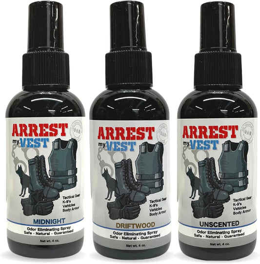 Arrest My Vest Military Grade Odor Eliminating Spray Triple Pack front view.