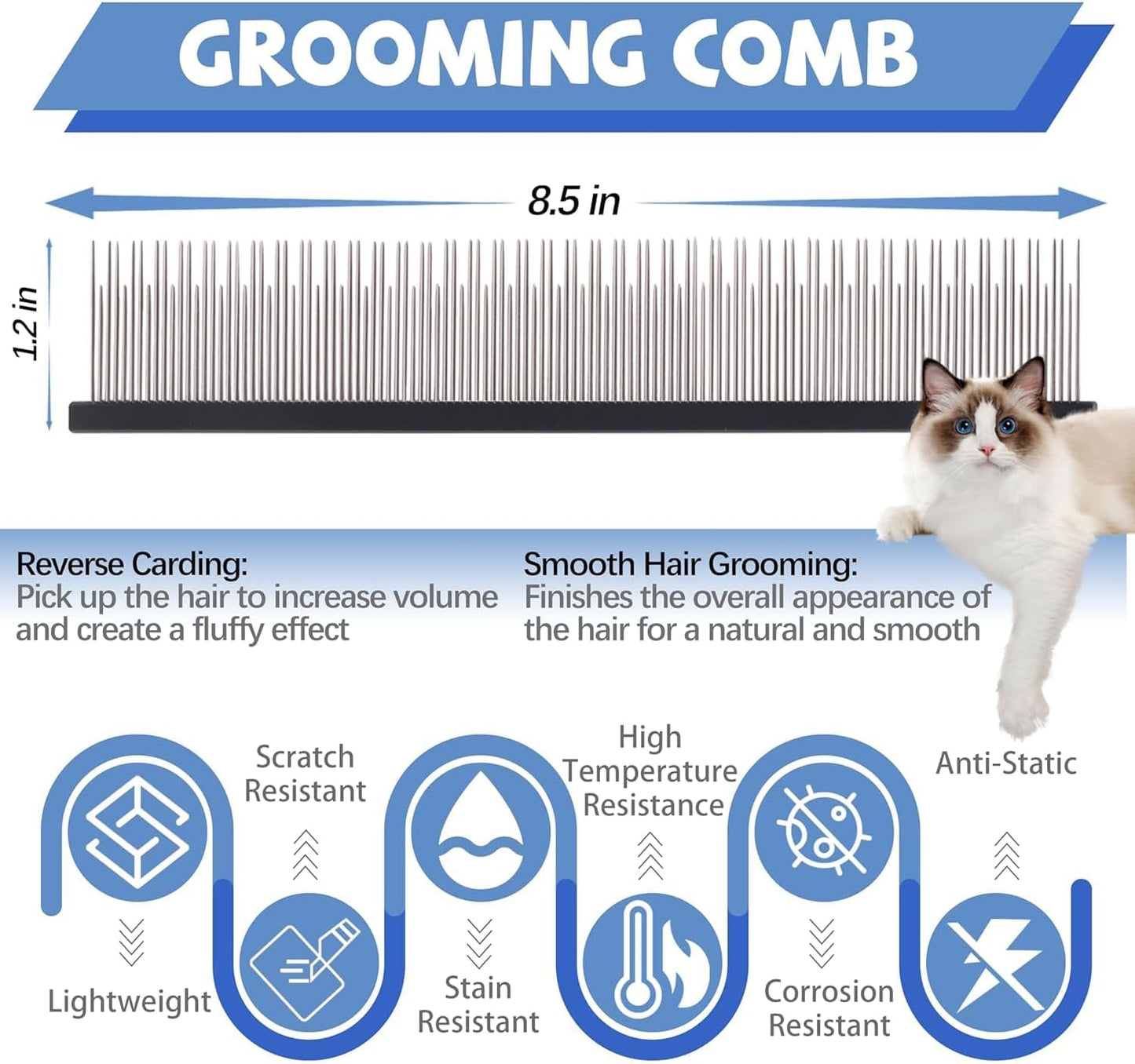 Close up of the dual tooth stainless steel pins on the pet grooming tool