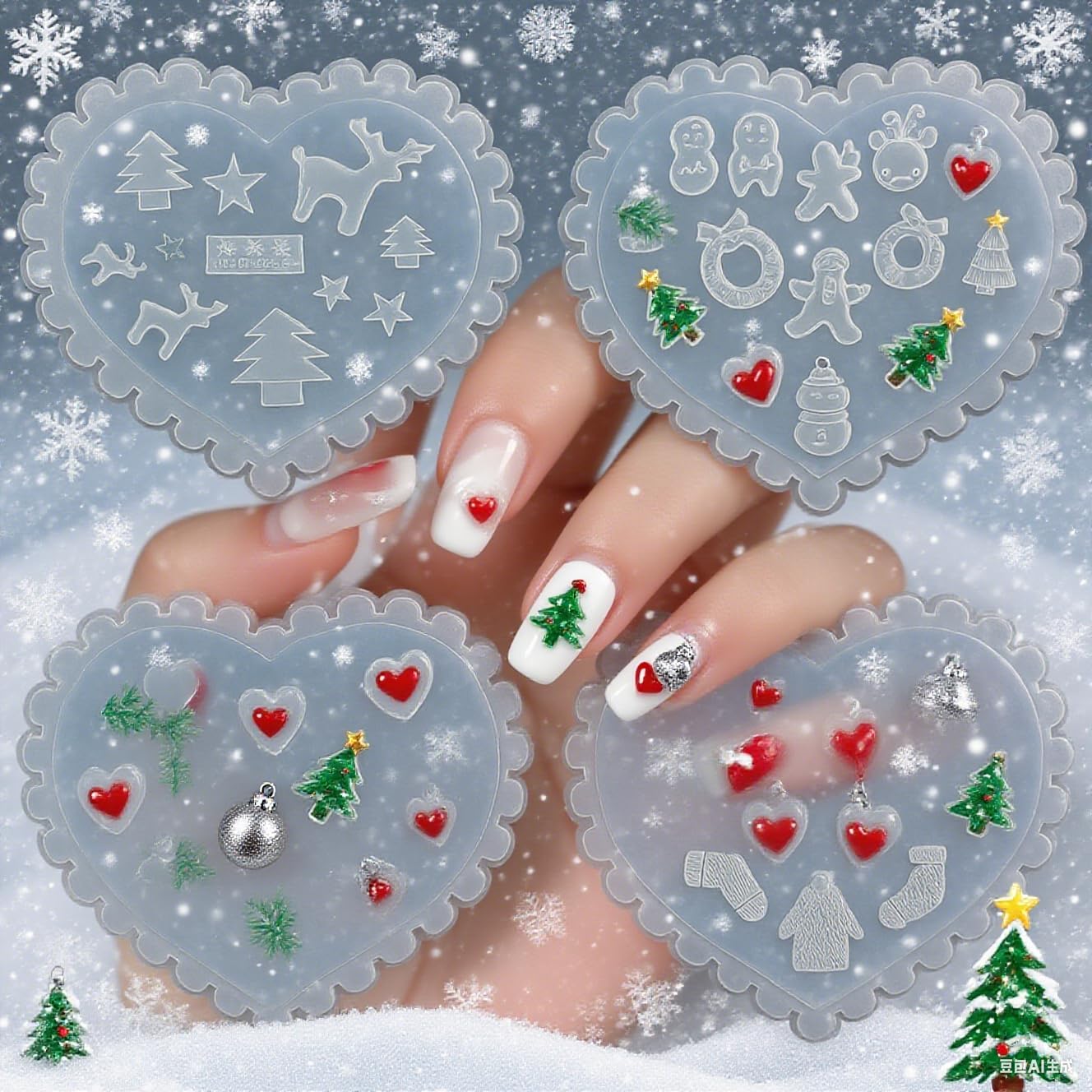 Pizadix 4 Pcs Christmas Silicone Nail Art Molds for Women Resin Nail Design - Image 1